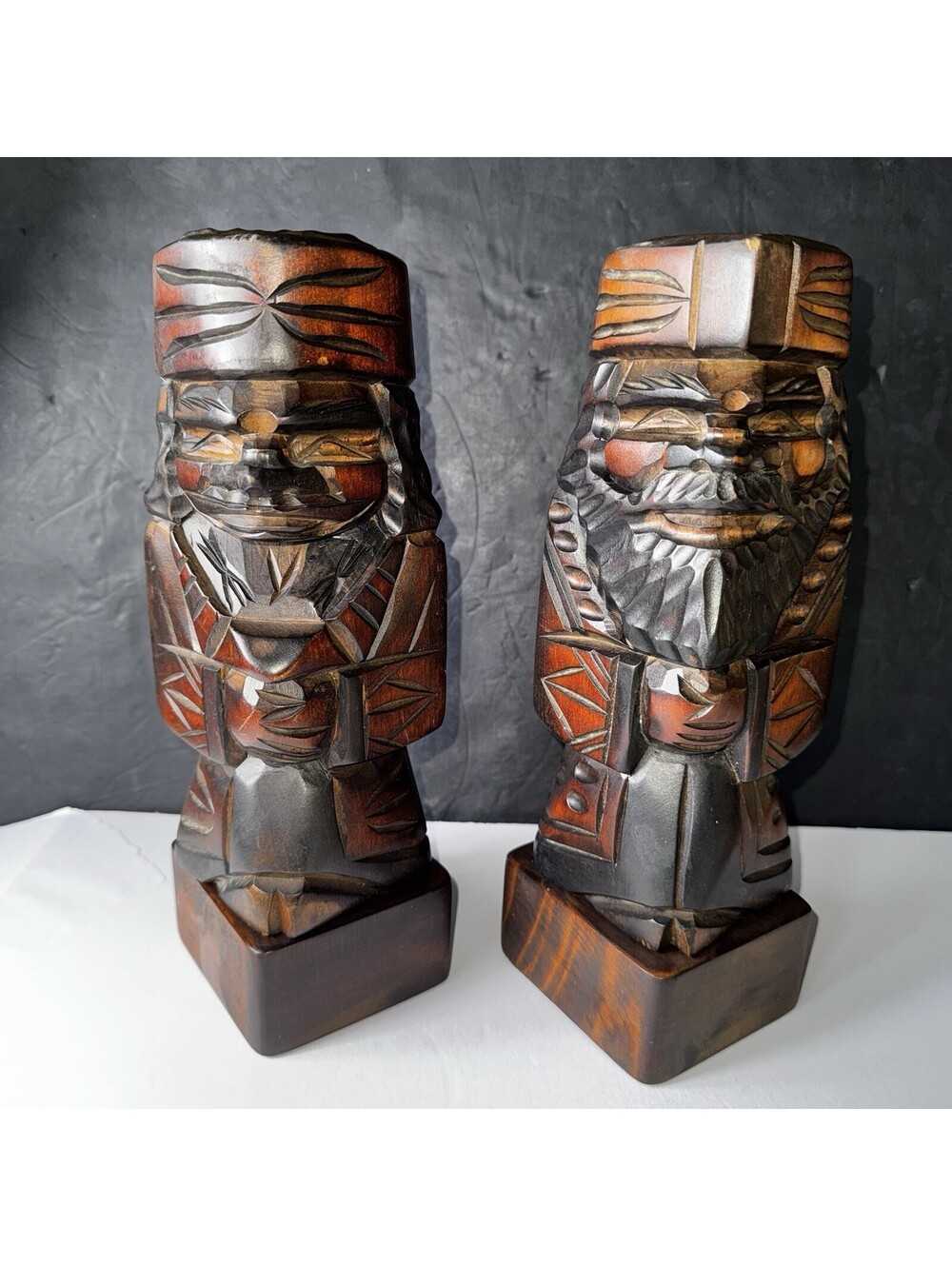 Vintage 1960s Hand Carved Wooden Warrior Statues Tiki Polynesian Figurines 11.5โ